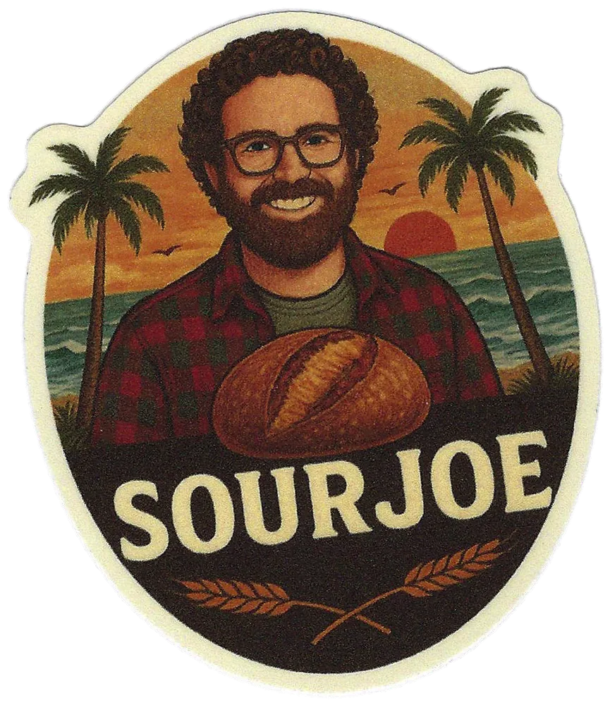 SourJoe logo: Joe holding a loaf of bread at the beach